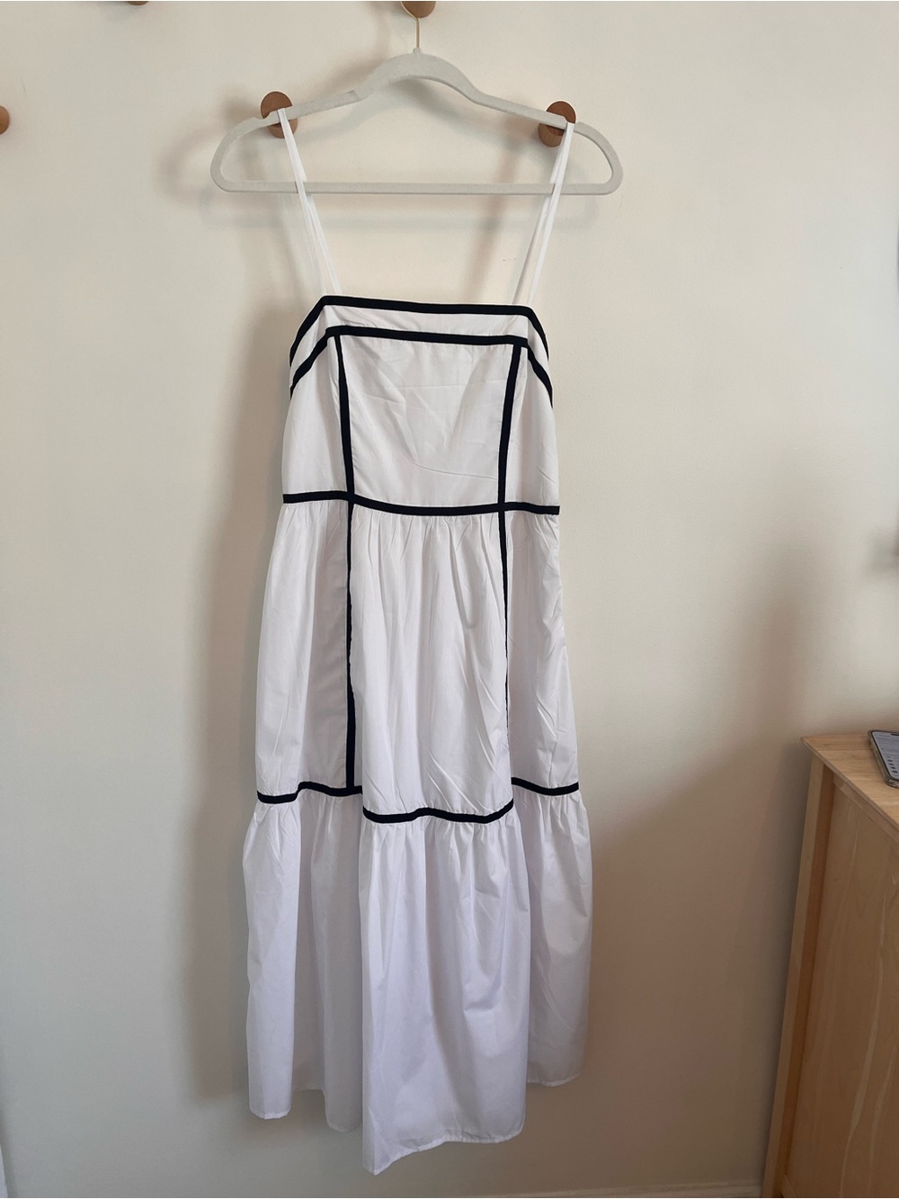 White Spaghetti-Strap Maxi Dress with Black Trim